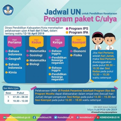 Jadwal UN untuk Pendidikan Kesetaraan Program Paket C/Ulya - 20190320